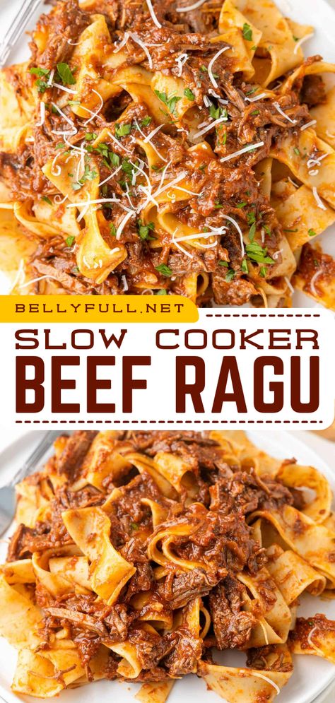 Including chuck roast, fire-roasted tomatoes, aromatics, and red wine, this Slow Cooker Beef Ragu has a deep, rich flavor bursting in every bite. Serve over pappardelle or your favorite noodles for an easy weeknight dinner. Italian Beef Ragu, Vikalinka Recipes, Beef Ragu Recipe, Slow Cooker Italian, Slow Cooker Italian Beef, Beef Ragu, Ragu Recipe, Italian Foods, Italian Beef