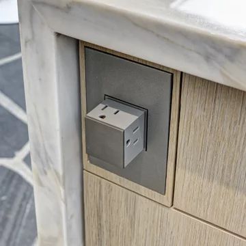 Outlets In Kitchen Island, Large Kitchen Ideas, Recessed Outlets, Hidden Outlets, Kitchen Outlets, Modern Grey Kitchen, Stainless Steel Farmhouse Sink, Grey Kitchen Floor, Ideas For Storage