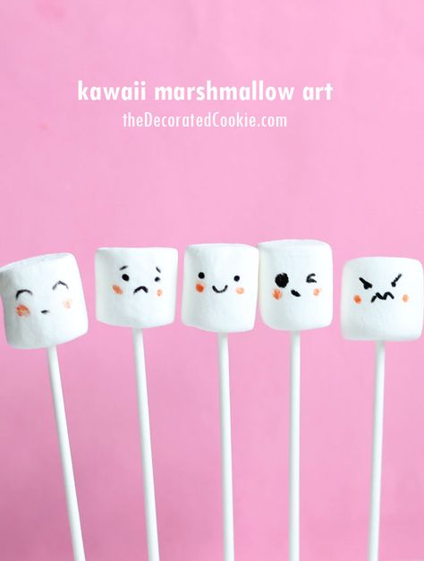 kawaii marshmallows Marshmallow Design Ideas, Cute Animal Marshmallows, Cute Marshmallows Kawaii, Art With Food, Marshmallow Figures, Marshmallow Face, Marshmallow Art, Decorated Marshmallows, Incredible Desserts