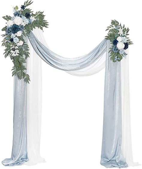 Hanging Flower Arrangements, Ceremony Arch Decor, Navy And Burgundy Wedding, Garden Wedding Centerpieces, Small Weddings Ceremony, Reception Backdrop, Blue Drapes, Wedding Ceremony Arch, Wedding Arch Flowers