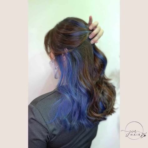 Peekaboo Hair Color With Brown Hair, Peek A Boo Highlights Blonde, Peek A Boo Blue Hair, Peek A Boo Hair Color Ideas Brown, Brown And Blue Hair, Peekaboo Hair Ideas, Blue Hair Underneath, Peak A Boo Hair, Blue Peekaboo Highlights