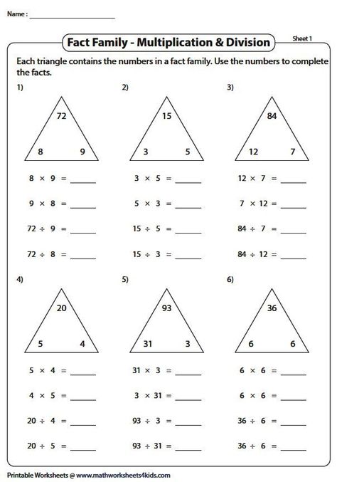 multiplication and division of integers worksheets Related Facts Multiplication And Division, Fact Family Multiplication And Division, Fact Families Multiplication Division, 3rd Grade Division Worksheets, Division Facts Worksheets, Division Fact Families, Fact Family Worksheet, Multiplication And Division Worksheets, Math Division Worksheets