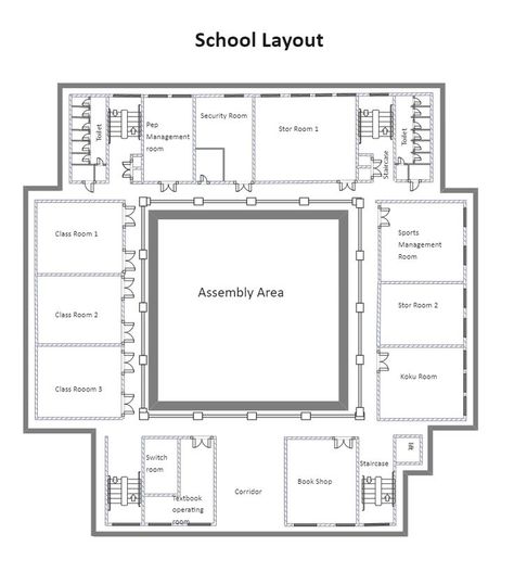 This is a layout idea of what the school could look like. It is a classroom based school and the "assembly area" would be the gym and lunch area and the "book shop" would be the library. The other rooms that are labled "store rooms" would be more classrooms. School Plans Layout, Plan Of School Architecture, Building A School, School Building Plans Architecture, School Building Design Ideas, School Plans Architecture Design, Boarding School Layout Plan, Schools Architectural Design, School Campus Layout