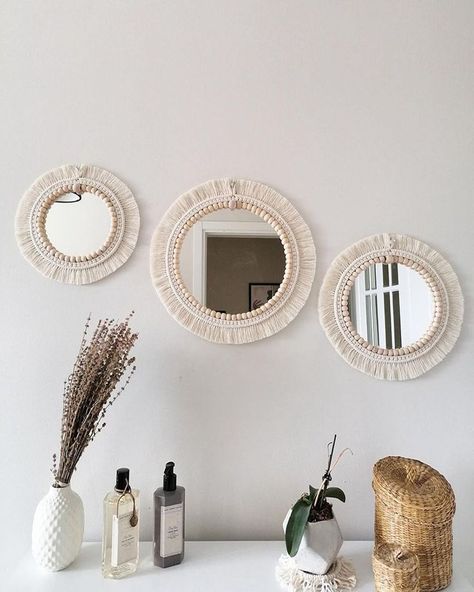 Minimalist finds for your home and kitchen ✨ Beads Hand Embroidery, Macrame Inspiration, Boho Mirror, Macrame Mirror, Wall Mirrors Set, Aesthetic Mirror, Mirror Crafts, Decorative Wall Mirror, Boho Painting