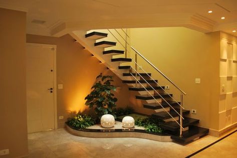 Small Garden Under Stairs, تحت الدرج, درج السلم, Inside Garden, Staircase Decor, Garden Indoor, Home Stairs Design, Stair Decor, Modern Stairs