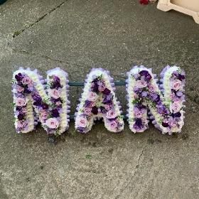 Casket Sprays, White Chrysanthemum, Blue Delphinium, Personalized Ribbon, Sympathy Flowers, In Remembrance, Flower Spray, Purple Ribbon, Floral Letters