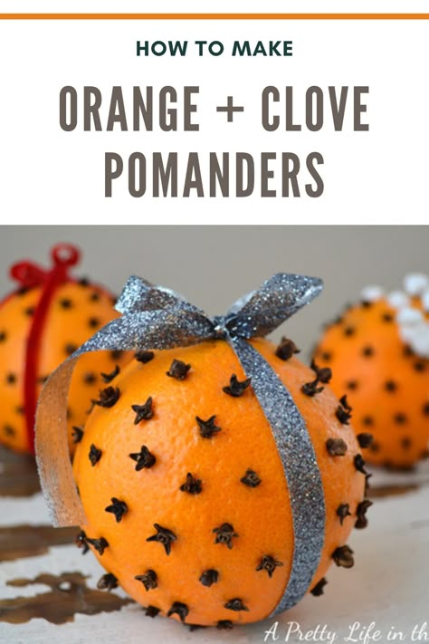 Orange and Clove Pomanders are so pretty and they smell great! See how to make this classic Christmas decoration. Orange And Clove Pomander How To Make, Orange Cloves Christmas, Clove And Orange Decoration, Orange And Clove Pomander, Orange Clove Ornament, Clove Oranges How To Make, Orange Clove Pomander, Pomanders Orange, Orange With Cloves