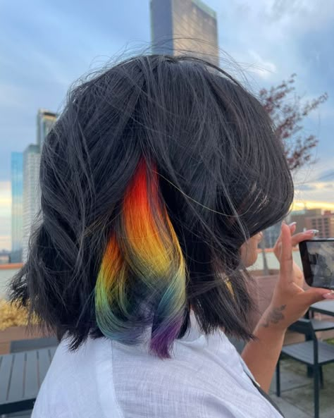 Peekaboo Fantasy Colors, Streak Of Color In Hair Brown, Short Black Hair With Color Underneath, Black Hair With Rainbow Peekaboo, Dark Hair With Rainbow Peekaboo, Rainbow Hair With Black, Black Hair Rainbow Underneath, Rainbow Black Hair, Rainbow Underdye Hair