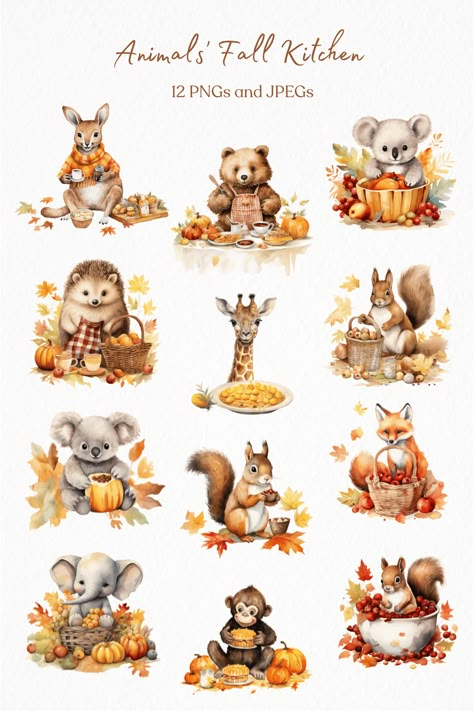 The 'Animals' Fall Kitchen' clipart set includes 12 high-res JPEG and PNG images, featuring watercolor illustrations of autumn-themed animals like a cooking bear, koala, kangaroo, and more. Fall Clip Art Free, Kitchen Clipart, Autumn Animals, Fall Clip Art, Spoon Crafts, Watercolor Decor, Inspirational Illustration, Christmas Artwork, Doodles Drawings