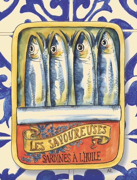 Sardine Art, Watercolor Fish, Aarhus, Digital Watercolor, Post Card, Fish Art, Vintage Tin, In A Box, A Box