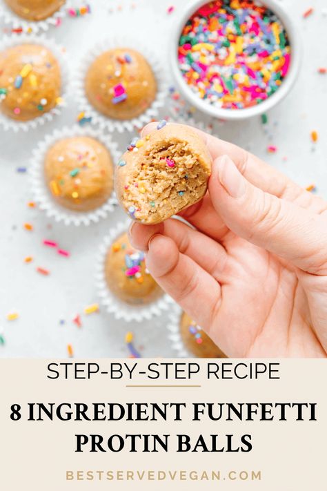 These vegan funfetti protein bites are full of plant-based protein and only 8 ingredients. They are a yummy no-bake snack that basically tastes like you're eating cake batter right out of the bowl! These energy balls take 10 minutes to make and you can meal prep a bunch to have an easy grab-and-go snack throughout the week that basically tastes like an indulgent vegan dessert. Protein Cake Pops, Protein Bites, Protein Balls, No Bake Snacks, Protein Ball, Vegan Dessert, Energy Balls, Plant Based Protein, Cake Batter