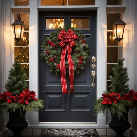 Front Door With Sidelights Christmas Decor, Christmas Main Door Decorations, Door Wreaths Diy Christmas, Classy Exterior Christmas Decor, Christmas Garland Over Front Door, Cape Cod Christmas Decor, Christmas Entrance Decor Porch Ideas, Christmas Decor Ideas For Front Door, Outdoor Front Door Christmas Decor