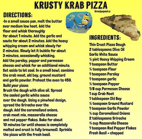 Krusty Crab Pizza Recipe Krusty Krab Pizza Recipe, Spongebob Food Recipes, Nickelodeon Food Recipes, Nickelodeon Recipes, Spongebob Recipes, Crab Pizza Recipe, Cartoon Food Recipes, Krabby Patty Recipe, Spongebob Food