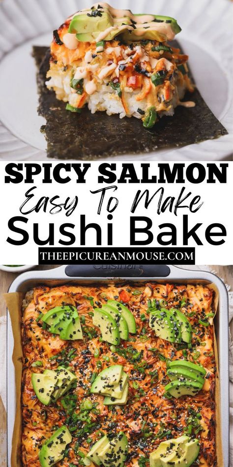 Sushi Bake Bowl, Sweet Egg Sushi, Healthy Salmon Sushi Bake, Healthy Summer Dinner Recipes Gluten Free, Salmon Recipes With Avocado, Shrimp And Salmon Recipes Dinners, Salmon Dinner Recipes For Two, Salmon Bake Sushi Recipes, Crispy Salmon Sushi Bowl