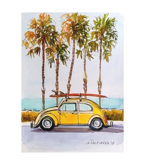 #watercolorpainting #watercolorart #sketch #sketchbook #watercolorillustration small canvas painting ideas for beginners canvas ideas for beginners black canvas painting ideas for beginners easy canvas ideas for beginners canvas oil painting ideas for beginners #watercolors #painting #daily #aquarelle Retro Painting, Small Canvas Paintings, Canvas Painting Ideas, Retro Car, Easy Canvas Painting, Acrylic Painting For Beginners, Watercolor Art Lessons, California Beach, Vw Bug