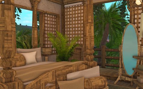 A bamboo built Filipino Bahay Kubo with realistic Tropical Scenery Bloxburg Maui Code, Bloxburg Hawaii House, Tropical Mansion Bloxburg, Bloxburg Tropical Resort, Bloxburg Summer Vacation House, Bloxburg Tropical House, Tropical Bloxburg, Isolated Mansion, Bloxburg Resort