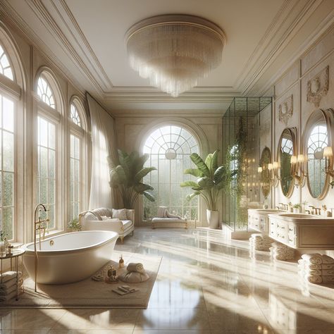 Bask in this luxurious, light-filled master bathroom adorned with ivory and cream hues, a grand claw-foot tub, and state-of-the-art rain shower. Marble sinks and a cozy reading nook add to the sophistication. #LuxuryBathroom #BathroomDesign #InteriorDesign #BathroomInspiration #MarbleSinks #ClawFootTub Old Money Mansion Bathroom, Bathroom With Couch, Luxury Bathroom Design Master Baths, Chair In Bathroom, Big Luxury Bathroom, Old Money Bathroom, Mansion Bathroom, Shower Marble, Luxury Master Bath