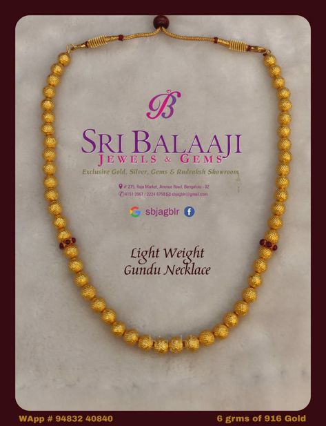 Light weight 916 Gold Gundu Necklace  #jewelrymaking #sbjagblr #trend #green #greenstone #peacockjewelry #southindianweddings #southindianjewellery #design #designer #jewelrydesigner #jewellerymaker #southindianjewellery #traditionaljewellery #goldpendent #goldchain #golddesigner #goldjewelryforsale #bangalorejewellery #goldmarket Light Weight Beads Gold Jewellery Indian, Gundu Mala Designs, Light Weight Gold Necklace, Gold Mala, Mala Designs, Gothic Jewelry Diy, Contemporary Jewellery Necklace, Jewellery Photography Inspiration, Choker Necklace Designs