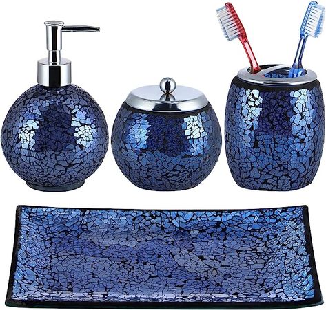 Amazon.com: Sanbege 4 Pcs Mosaic Glass Bathroom Accessories Set, Modern Luxury Bath Ensemble, Includes Soap Dispenser, Cotton Swab Jar, Toothbrush Holder, Vanity Tray (Shiny Blue) : Everything Else Glass Bathroom Accessories, Bathroom Counter Organization, Bathroom Containers, Bathroom Accessories Set, Makeup Brush Storage, Glass Bathroom, Bathroom Accessory Sets, Bathroom Accessory Set, Cotton Swab