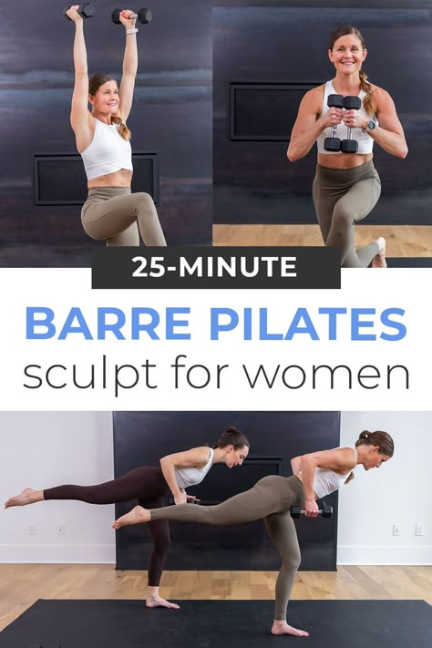 Sculpt and strengthen with this fun and effective full body pilates barre class at home. Pulse and pliè to stronger legs, arms and ab muscles! Build lean muscle and deep core strength with this engaging pilates barre class at home. We'll strengthen every muscle in the body, using just an optional set of light hand weights. Pilates barre blends the sculpting power of barre with the core-strengthening focus of pilates, creating a dynamic workout that will leave you feeling strong and energized. Barre Strength Workout, Strength Pilates Workout, Weighted Pilates Workout, Pilates Strength Workout, Pilates With Weights, Pilates Sculpt, Barre Blend, Dynamic Workout, Beginner Workout Video