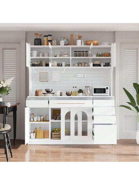 [Ample and Customizable Storage]This 63"Wx74.8"H(Larger than usual 47"Wx71"H) Buffet with Hutch offers a spacious countertop of 63x17.2 inches, 6 drawers (one of them with 1 gold large handle), and 5 cabinets with adjustable shelves, providing plenty of room to organize kitchenware, dining items, or set up a stylish coffee bar. Total 6pcs 3-level adjustable shelves for the whole pantry allow you to personalize the storage to fit your specific needs, making it a versatile piece for any space.[Elegant Design with Modern Additions]The upper hutch features a sleek and refined design with 4 doors, including 2 glass-front ones that add a touch of elegance. The top section includes 3-level adjustable shelves, ideal for displaying decorative items or glassware. The lower buffet cabinets are equipp Large Coffee Bar, Coffee Bar Storage, Buffet With Hutch, Bar Storage Cabinet, Buffet Cabinets, Customizable Storage, Buffet Hutch, Floor Shelf, Bar Storage