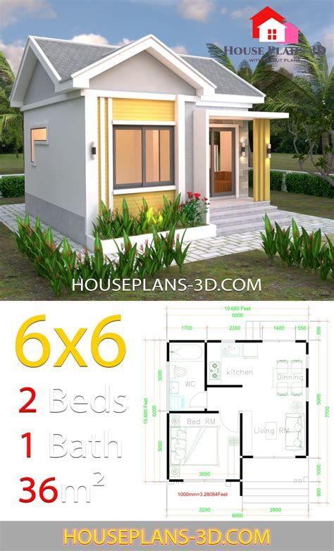 House Plans 6x6 With One Bedrooms Gable Roof - House Plans Wooden Villa, House Plans 3d, Gable Roof House, One Bedroom House Plans, Small House Architecture, Small House Blueprints, One Bedroom House, Flat Roof House, One Bedroom Flat