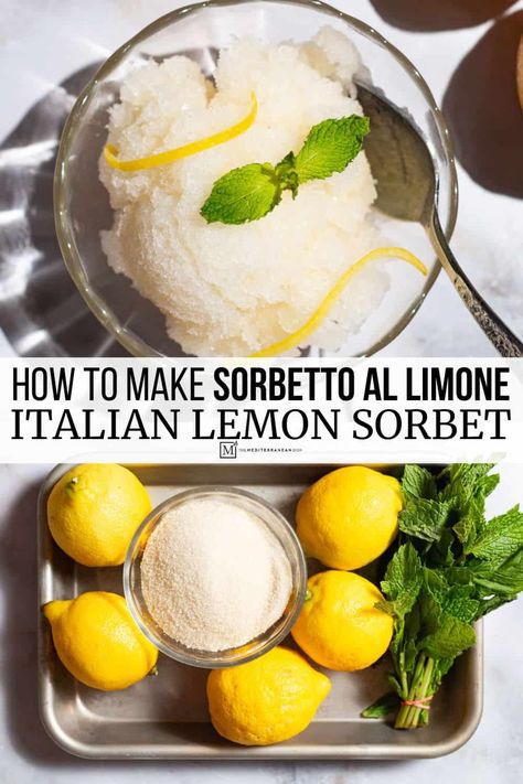 Easy lemon sorbet recipe with no specialty equipment needed! And this vegan, gluten free summer delight takes just 2 ingredients. Lemon Sorbetto Recipe, Italian Lemon Sorbet, Vegan Lemon Sorbet, No Churn Sorbet Recipes, Italian Lemon Ice Cream, Homemade Lemon Sorbet, Amalfi Lemon Sorbet, Lemon Basil Sorbet, Lemon Sherbet Recipe