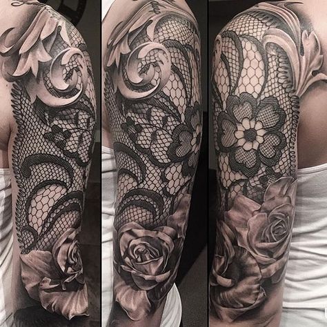 Rose Tattoo Black, Lace Sleeve Tattoos, Lace Tattoo Design, Rose Tattoo Sleeve, Tattoo Female, Tattoos For Women Half Sleeve, Leg Sleeve Tattoo, Lace Tattoo, Leg Sleeve