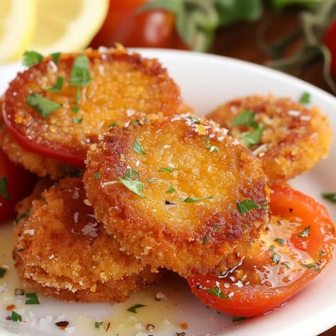 How to Make Crispy Fried Red Tomatoes – Charm Recipes Ripe Tomato Recipes, Fried Tomatoes Red, Breaded Tomatoes, Fried Green Tomatoes Recipe Easy, Recipes Using Flour, Tomato Gravy Recipe, Fried Green Tomatoes Recipe, Tomato Caprese, Unique Appetizers