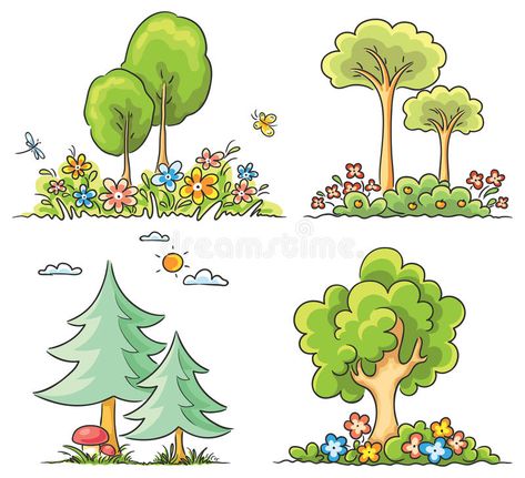 Trees With Flowers, Tree Drawing Simple, Cartoon Trees, Picture Tree, Drawing Clipart, Cartoon Flowers, Plant Drawing, Kawaii Doodles, Tree Drawing