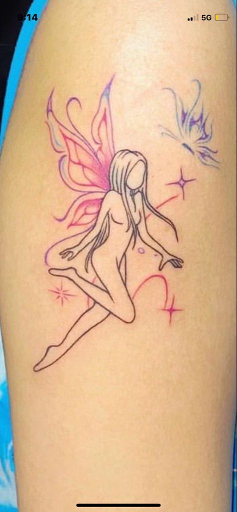 Fairy Tattoo With Color, Pink Fairy Tattoo, Colorful Fairy Tattoo, Fairy Tattoo Ideas, Small Fairy Tattoos, Fairy Wing Tattoos, Fairy Stencil, Wine Glass Tattoo, Pixie Tattoo