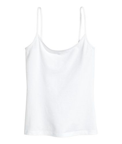 White. Sleeveless jersey top with narrow shoulder straps. White Singlet, White Sleeveless Shirt, Best Tank Tops, Strappy Top, Cut Sweatshirts, Cotton Tank Top, White Sleeveless, Basic Tops, Cut Shirts