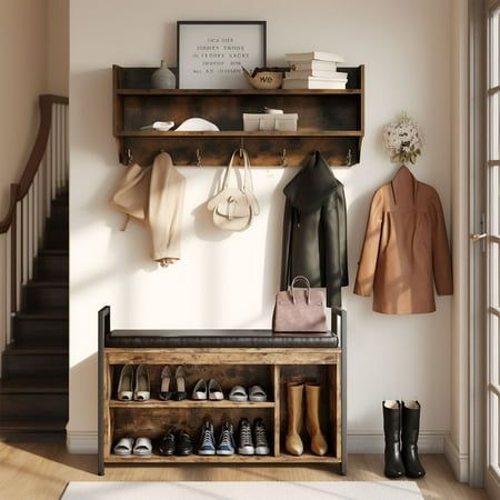 With stylish and rustic appeal,entryway bench with coat rack wall mounted can match perfectly with other furniture in your home.Comfortably sit on this bench to change your shoes and hang your coat on the rack when coming home or going out. No tripping over your shoes or leaving your coat lying around anymore! With thick padded PU leather cushion, the bench doubles as a cozy sturdy seat. Conveniently get bags, coats, scarves, etc at the front door without needing to open the closet. 2 wall-mounted cubbies & the top shelf act as a stage to show off photos, small plants, books, etc Size: One Size.  Color: Brown. Front Entryway Coat Hooks, Shoe Rack And Coat Hanger Entryway, Wall Hanging Shoe Storage, Coat Bench Rack Entry Ways, Guest Coat Rack Entryway, Entryway Wall Organization, Coat Hanging Wall, Old Rustic Home Decor, Coat Rack Behind Front Door