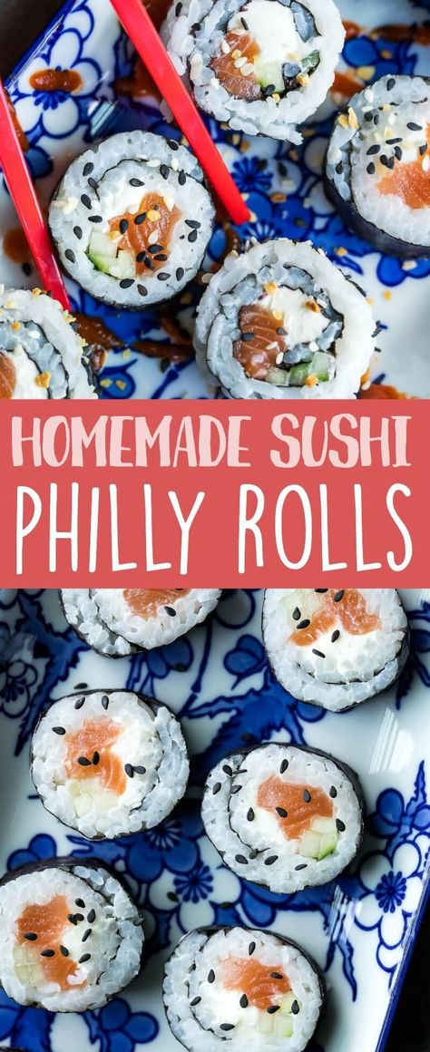 The Philadelphia Roll is one of our favorites! Also called Philly Rolls and Japanese Bagel Rolls, these tasty homemade sushi rolls are super simple and only require a few ingredients to make! #sushi #homemadesushi #sushirolls #salmon #glutenfree #seafood #pescatarian Philly Roll Sushi, Philadelphia Roll, Homemade Sushi Rolls, Lox And Bagels, Sushi Roll Recipes, Viral Recipes, Roll Sushi, Asian Recipe, Homemade Sushi