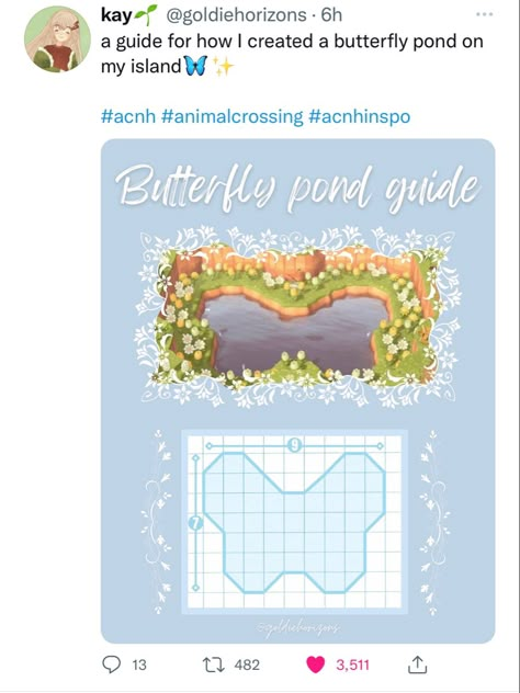 Butterfly Acnh Design, Butterfly Lake Acnh, Animal Crossing Butterfly Pond, Acnh Lake Template, Acnh Heart Pond Tutorial, Acnh Paths Designs Tutorial, Clear Path Acnh, Acnh Butterfly Pond, Acnh Pond Idea