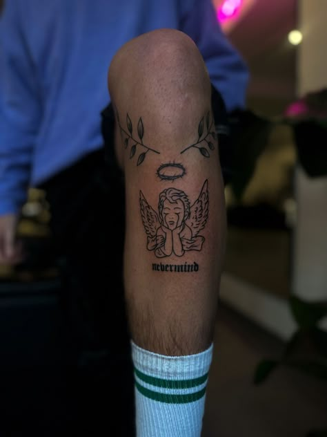 Angel Shin Tattoo, Angel Tattoos Men, Angel Tattoo Leg, Christ Tattoos For Men, Shin Tattoo Men, Tattoo Shin, Angel Tattoos For Men, Angel Tattoo Ideas, Messi Tattoo