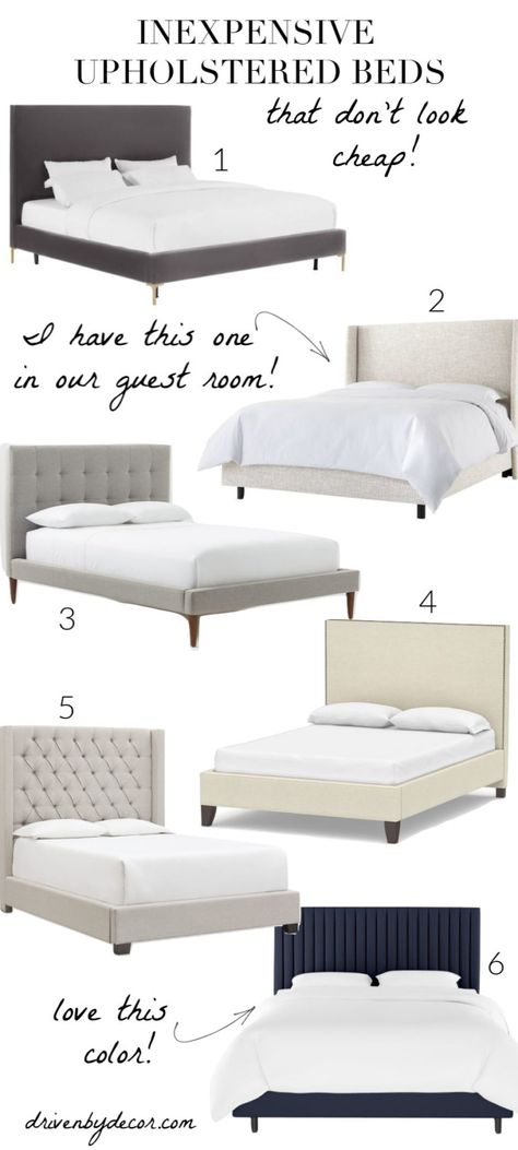 Crushing on these stylish upholstered beds that are pretty cheap! Inexpensive Beds, White Upholstered Bed, Bedroom Upholstered Bed, Beautiful Bed Designs, Cheap Bedroom, White Bed Frame, Upholstered Bedroom, Cama King Size, Affordable Bedding