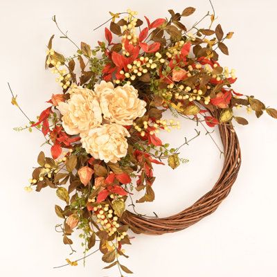 Embrace the changing seasons and elevate your home's aesthetic with this versatile wreath. Crafted with a semi-circular base, this wreath boasts a harmonious blend of vibrant oranges and lush greens, creating a lifelike and inviting display. The delightful berry and peony accents add a touch of elegance, infusing your space with a burst of natural beauty. Whether it's Thanksgiving, Christmas, or any festive occasion, this wreath sets the ideal ambiance, creating a warm and inviting atmosphere th Trending Fall Wreaths, Elegant Fall Wreaths For Front Door, Autumnal Wreaths, Church Wreaths, Pumpkin Porch Decor, Pumpkin Porch, Natural Fall Decor, Elegant Fall Decor, Elegant Fall Wreaths