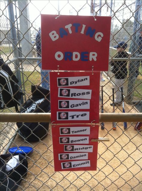 Batting order for Little League Tball Coach, Dugout Mom, Dugout Organization, Opening Day Baseball, Team Mom Baseball, Baseball Dugout, Pitching Machines, Batting Order, Baseball Banner