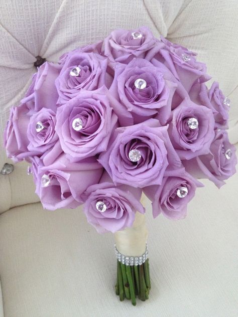 Bridal bouquet of lavender roses with crystal centers Lavender Rose Bouquet, Quince Crowns, Lavender Wedding Cake, Soft Palette, Makeup Images, Flower Bouquet Diy, Month Workout, Bridesmaid Flower, Quince Ideas