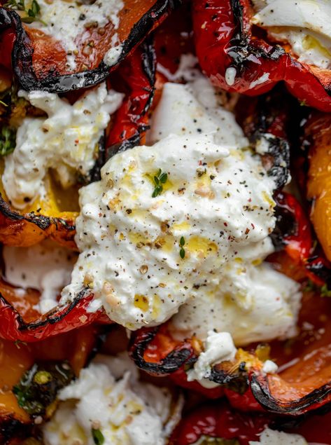 Grilled Peppers with Burrata and Sourdough Breadcrumbs Grilled Marinated Peppers With Burrata, Salmon And Burrata, Low Carb Burrata Recipe, Roasted Peppers And Burrata, Keto Burrata, Marinated Burrata, Christmas Bbq Ideas, Recipes With Burrata Cheese, Burrata Recipe Appetizers