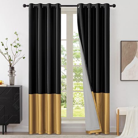 PRICES MAY VARY. BLACK OUT CURTAINS PACKAGE :2 panels of blackout double liner curtains W52" x L108" (132cm x 274cm)--each panel with 8 silver anti-rust grommets (1.6 inch inner diameter),suitable for most window rods. 100% BLACK OUT CURTAINS: These classic velvet curtains with back liner, double layer fabric can block out 100% sunlight and UV rays, protect from sound proof,noise reduce,heat blocking,balance the temperature for your house ,which can be better guarantee the quality of your sleep. Grey Gold Black Bedroom, Black And Grey Curtains Living Rooms, Black Gold Office Ideas, Black Velvet Curtains Living Rooms, Gold Curtains Living Room Ideas, Black Gold Cream Bedroom, Black Cream And Gold Living Room, Black Gold White Bedroom, Gray Black And White Living Room