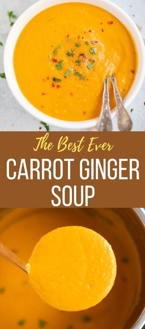 Carrots Chicken, Carrot Ginger Soup Recipe, Healthy Crockpot Soup, Curried Carrot Soup, Carrot And Lentil Soup, Creamy Carrot Soup, Sauteed Onions, Carrot Soup Recipes, Carrot Ginger Soup