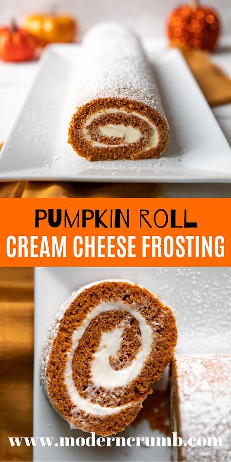 Pumpkin Roll With Silky Cream Cheese Frosting Pumpkin Roll Easy, Easy Pumpkin Roll, Pumpkin Cake Roll, Pumpkin Roll Recipe Easy, Pumpkin Roll Recipe, Thanksgiving Sweets, Pumpkin Rolls, Tasty Sweets, Pumpkin Roll Cake