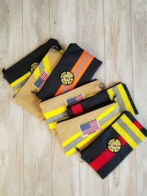 FFTOB Pouch Multi use pouch by Firefighter Turnout Bags www.FFTOB.com #clutch #travelbag #unisexbag #recycledfirefightergear #makeupbag #TheOriginalFirefighterTurnoutBag #FFTOBbyNikiRasor Fire Hose Projects, Fire Hose Crafts, Firefighter Bag, Firefighter Jewelry, Recycled Firefighter, Fire Crafts, Firefighter Tools, Firefighter Retirement, Fire Gear