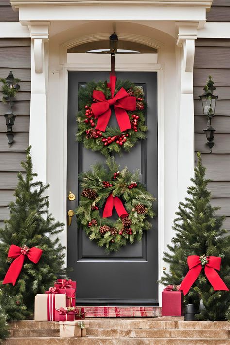 Country home Christmas decor featuring two green wreaths with red bows pinecones and berries on gray door interior design Christmas decor with presents Country Home Christmas, Elegant Country Home, Christmas Decor For Front Door, Interior Design Christmas, Double Wreath, Christmas Wreath Ideas, Home Christmas Decor, Poinsettia Wreath, Elegant Country