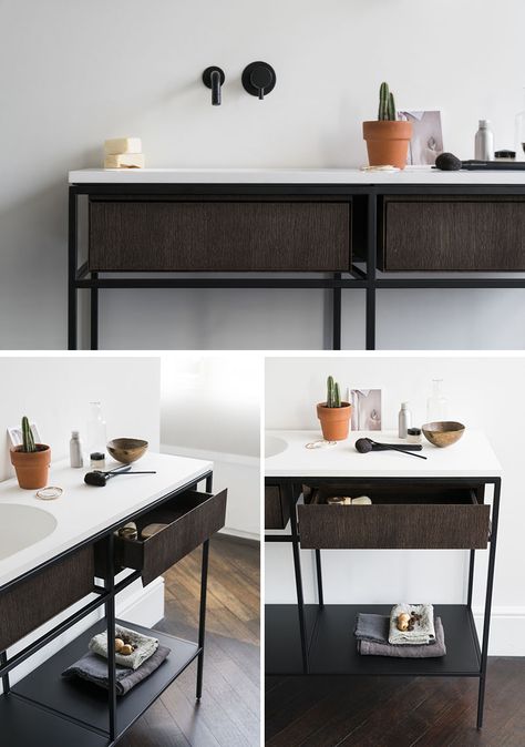 Norm Architects have designed a collection of modular minimalist bathroom consoles that feature black graphic frames, marble and wood. Vanity Ideas Bedroom Modern, Minimalist Bathroom Vanity, Vanity Ideas Bedroom, Unique Countertops, Ideas For Small Bathroom, Bedroom Modern Minimalist, Bathroom Vanity Ideas, Nyc House, Frame Bathroom