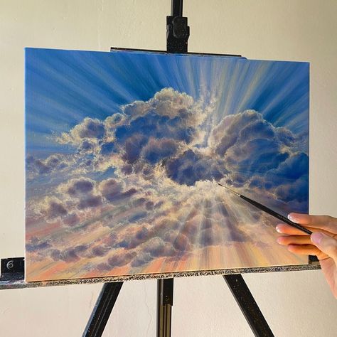 Sun Rays Painting Acrylic, How To Paint Sun Rays, Sun And Clouds Painting, Painting Ideas Clouds, Sun Rays Drawing, Sun Rays Painting, Paint Sun, Acrylic Clouds, Cloud Painting Acrylic