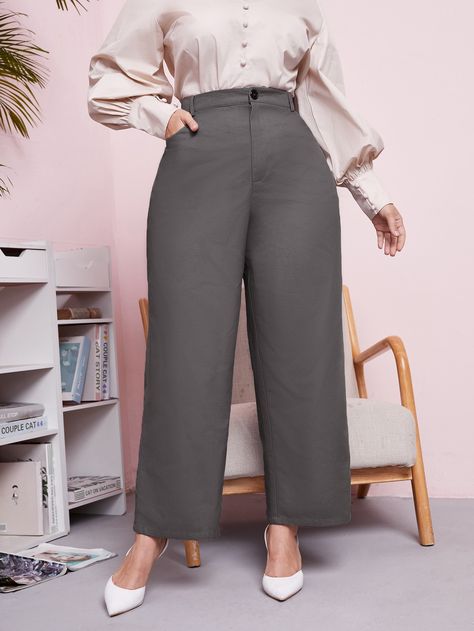 SHEIN Plus High Waist Slant Pockets Pants Without Belt Plus Size Trousers Outfit High Waist, Office Trousers Women, Trousers Women Outfit, Office Ootd, Trouser Outfit, Fall Plus Size, Office Pants, Pockets Pants, Business Casual Outfits For Work