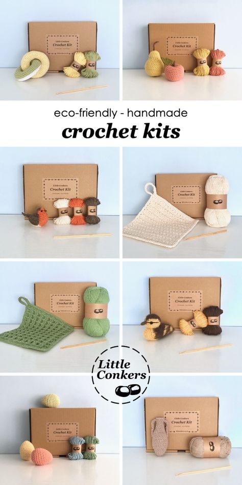 Eco-friendly crochet kits by Little Conkers. Make your own successful crochet projects with these beautifully-presented DIY kits. Includes kits for dishcloths, amigurumi creatures, seasonal decorations and more. Each kit contains everything you need and an easy-to-follow, fully-illustrated crochet pattern. #craftkits #crochetkits #ecocraft Diy Crochet Kit, Diy Kits Packaging, Amigurumi Creatures, Crochet Packaging, Craft Kits For Adults, Kit Packaging, Craft Therapy, Craft Boxes, Eco Crafts